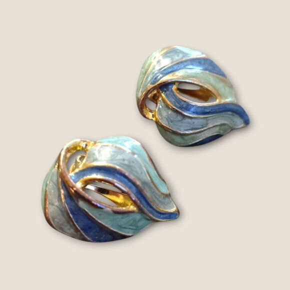 Vintage Blue & Green Enamel Wave Clip-On Earrings Gold-Tone Finish - Picture 2 of 4